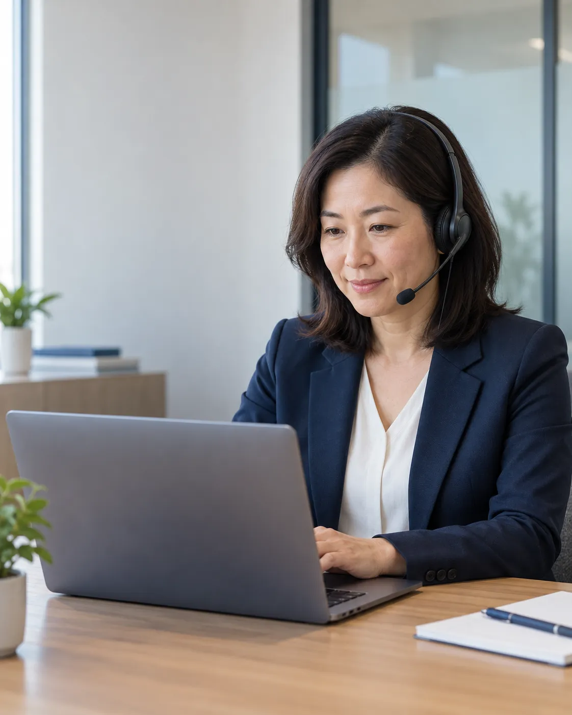 Trainer wearing a headset and reviewing a trainee help request from a private coworking room.