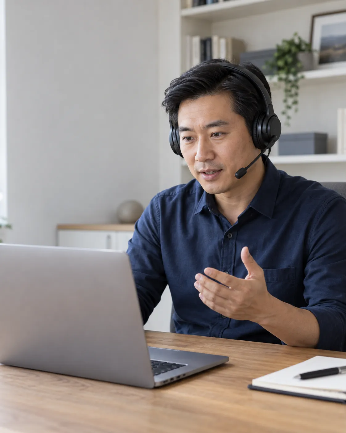 Trainer wearing a headset and providing private coaching during a live online training session.