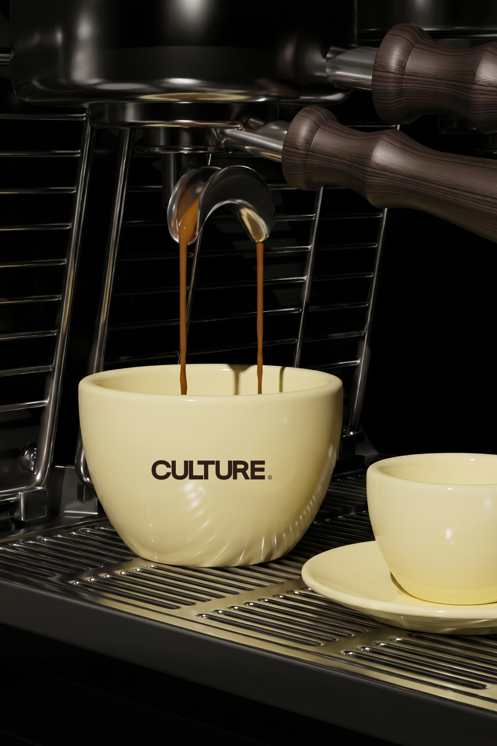 Close-up of espresso pouring from a machine into a cream-colored cup labeled CULTURE, with a matching smaller cup and saucer nearby on the metal drip tray.