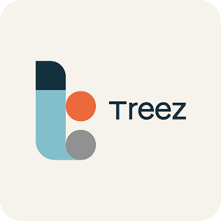 Logo with stylized letter 't' composed of a vertical light blue bar with a dark blue top, an orange circle to the right, and a gray circle below, next to the word 'Treez' in dark blue text.