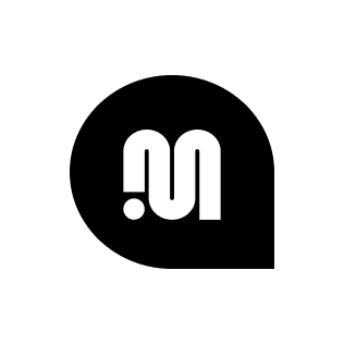 A black speech bubble shape containing a stylized white letter M with a dot on the lower left.