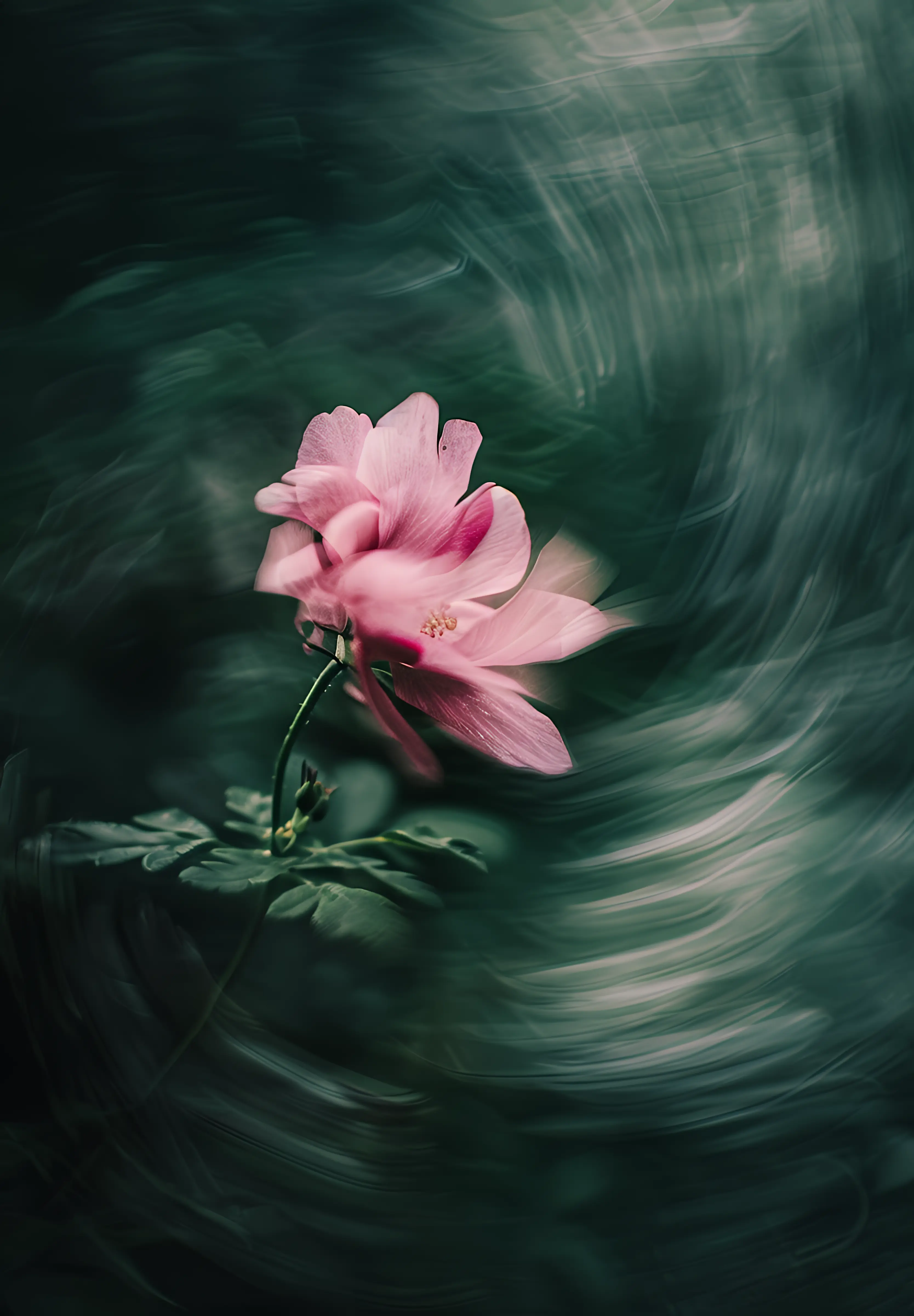 Blurry pink rose against green leaves