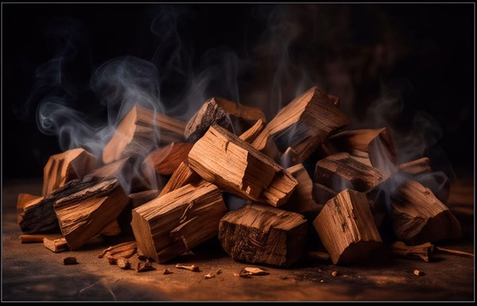 Pile of smoking cedar wood chunks on a surface against a dark background.
