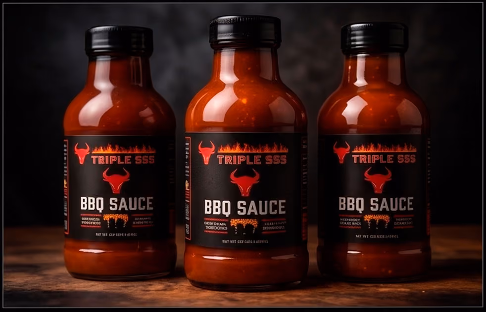 Three bottles of Triple SSS BBQ Sauce with black labels featuring a red bull icon on a wooden surface.