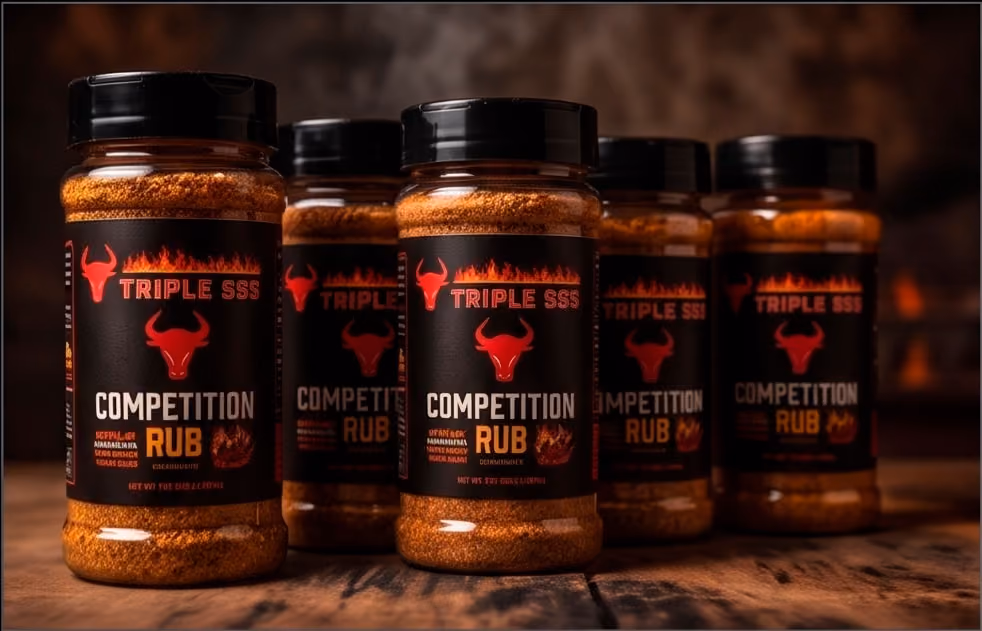 Five jars of Triple SSS Competition Rub spice arranged on a wooden surface with a dark background.