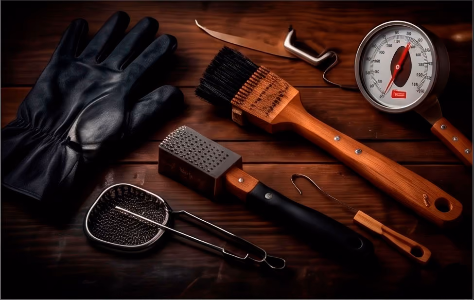Set of grilling tools including black gloves, brushes, skewers, and a temperature gauge on wood surface.