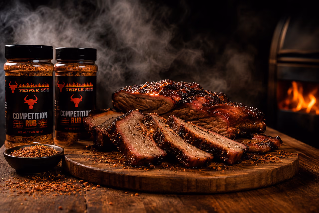 Sliced smoked brisket with visible smoke and two jars of competition rub seasoning on wooden board.