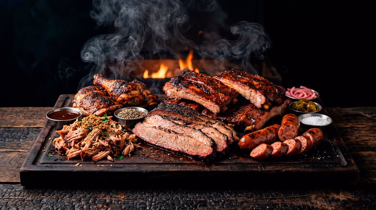 Smoky barbecue platter with ribs, sausage, brisket, pulled pork, chicken, sauces, and pickled sides on wood tray.