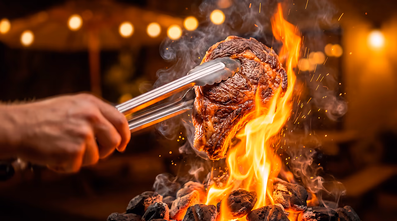 Hand holding tongs grilling a steak over hot coals with large flames and smoke.