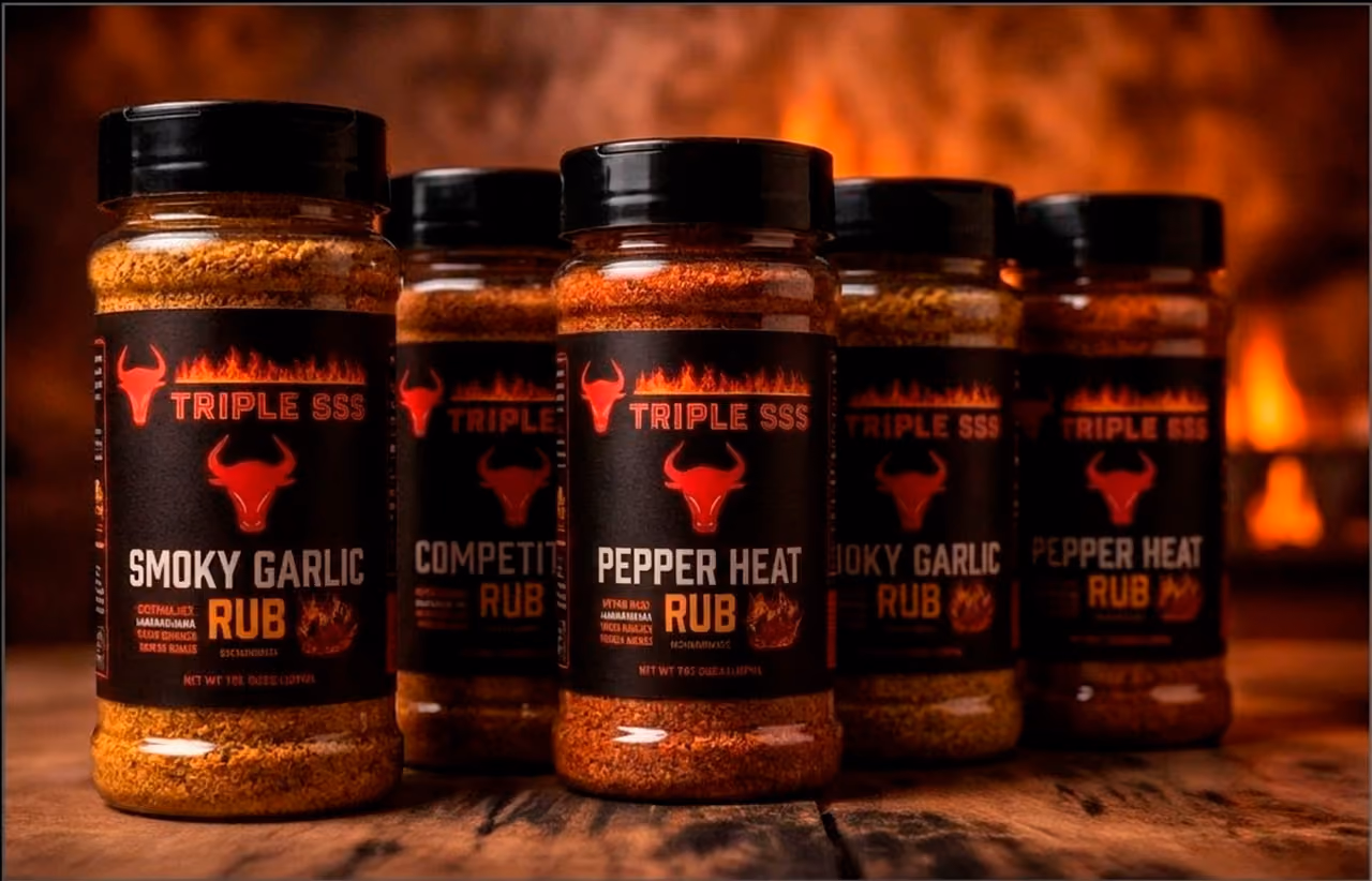 Five jars of Triple SSS smoky garlic and pepper heat rubs on a wooden surface with a fire in background.