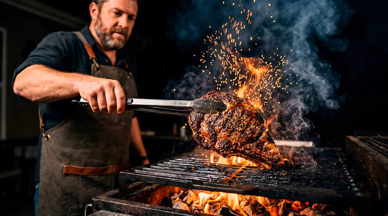 Man grilling a large steak over open flames on a charcoal grill with sparks and smoke rising.