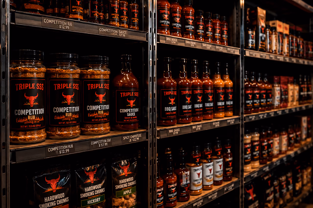 Shelves stocked with Triple S BBQ sauces, rubs, and hardwood smoking chunks in a store display.
