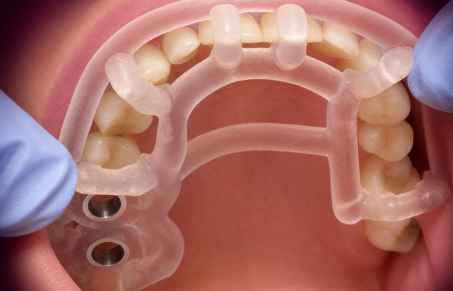 Illustrative clinical view of a patient-specific Smop surgical guide seated on the maxillary arch