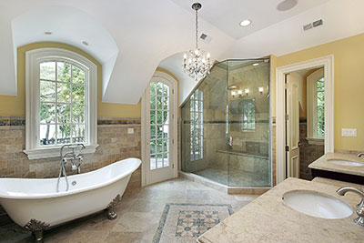 Frameless glass shower doors in a luxury bathroom