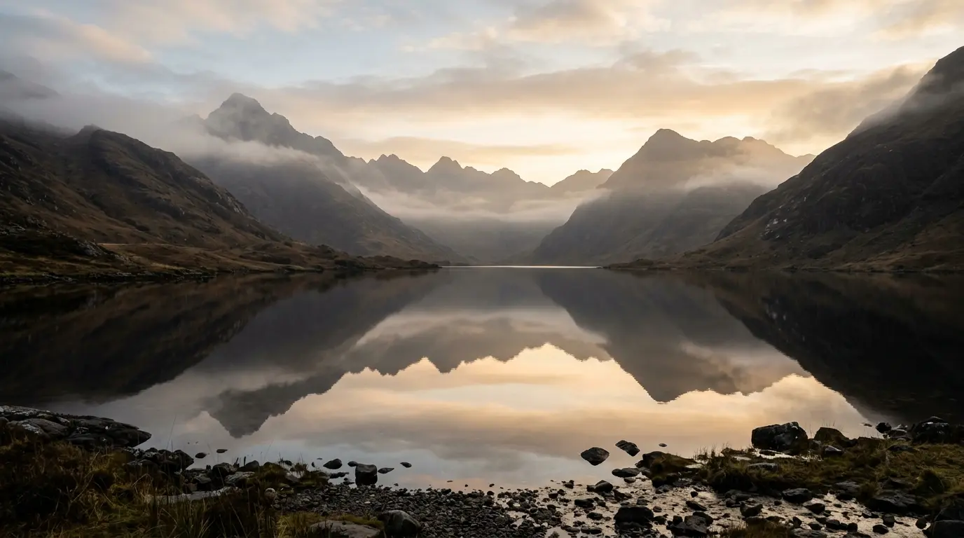 Calm mountain lake reflecting misty peaks under a soft pastel sky at sunrise or sunset.