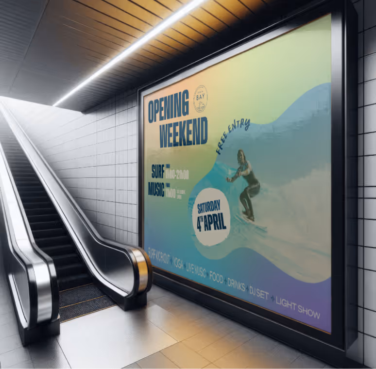 Advertisement for an opening weekend surf and music event on April 4th with free entry near an escalator.