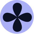 Black four-petal flower icon inside a purple circle background.