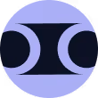 Abstract circle design with mirrored black and purple crescent shapes inside a purple circle.