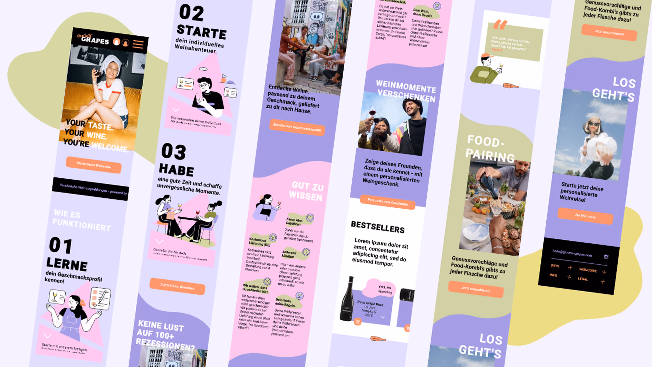 Graphic showing a step-by-step guide in German for a personalized wine adventure app with sections on learning taste profiles, starting a wine journey, enjoying moments, knowledge about delivery and preferences, food pairing suggestions, and personalized wine gifting.
