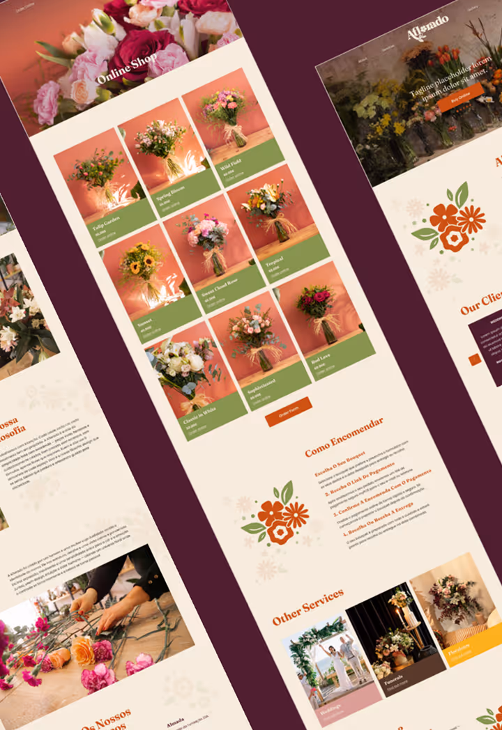 Website design showcasing an online flower shop with various floral bouquets, ordering instructions, and other floral services.