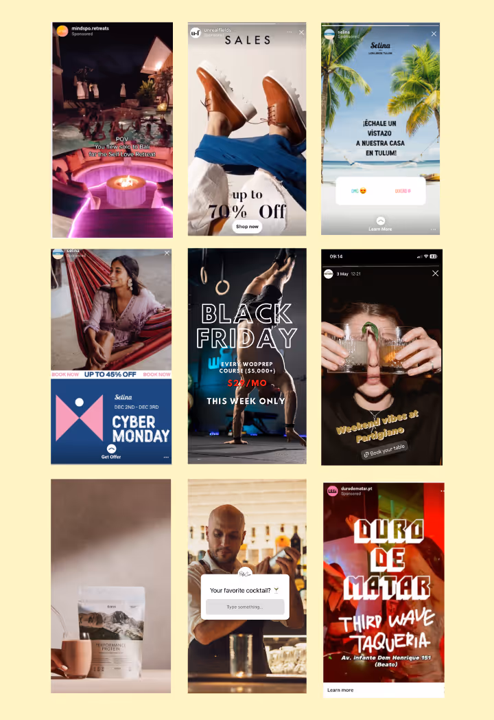 Collage of nine social media ads including a Bali retreat, shoe sale, tropical vacation, Cyber Monday offer, Black Friday gym promotion, weekend vibes, protein product, bartender asking favorite cocktail, and a taqueria promotion.