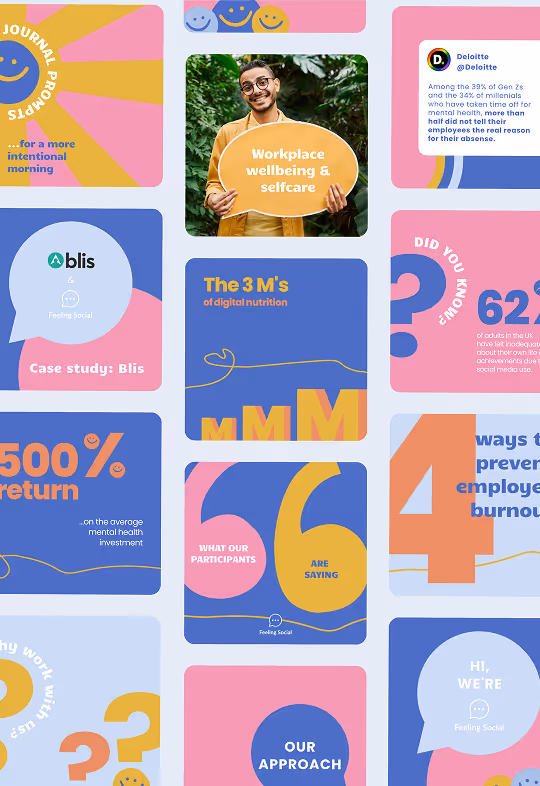 Collage of colorful blocks with text about mental health, wellbeing, digital nutrition, employer burnout prevention, and a smiling man holding a sign reading Workplace wellbeing & selfcare.