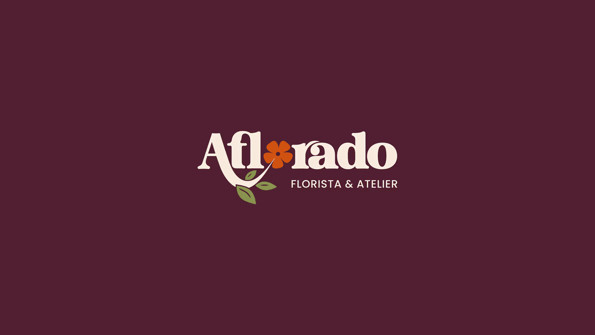 Aflorado logo with a flower forming the letter 'o' and green leaves under the letter 'f' on a dark purple background, with text 'FLORISTA & ATELIER'.