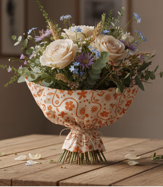 Bouquet of white roses, purple flowers, and greenery wrapped in white paper with orange floral patterns on a wooden table.
