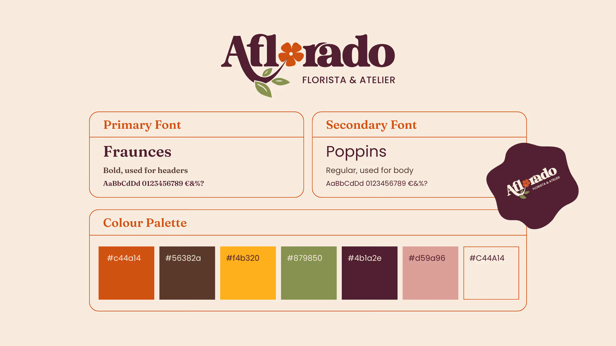 Aflorado brand style guide showing primary font Fraunces for headers, secondary font Poppins for body text, and color palette with six color swatches including rust orange, dark brown, mustard yellow, olive green, dark burgundy, and muted pink.