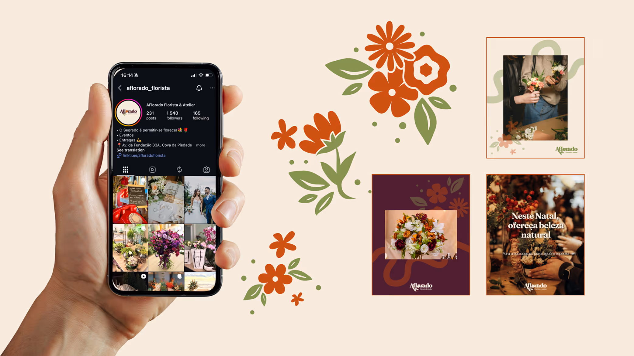 Hand holding a smartphone displaying an Instagram profile for AFlorada Florista & Atelier, alongside floral illustrations and three square floral-themed social media posts.