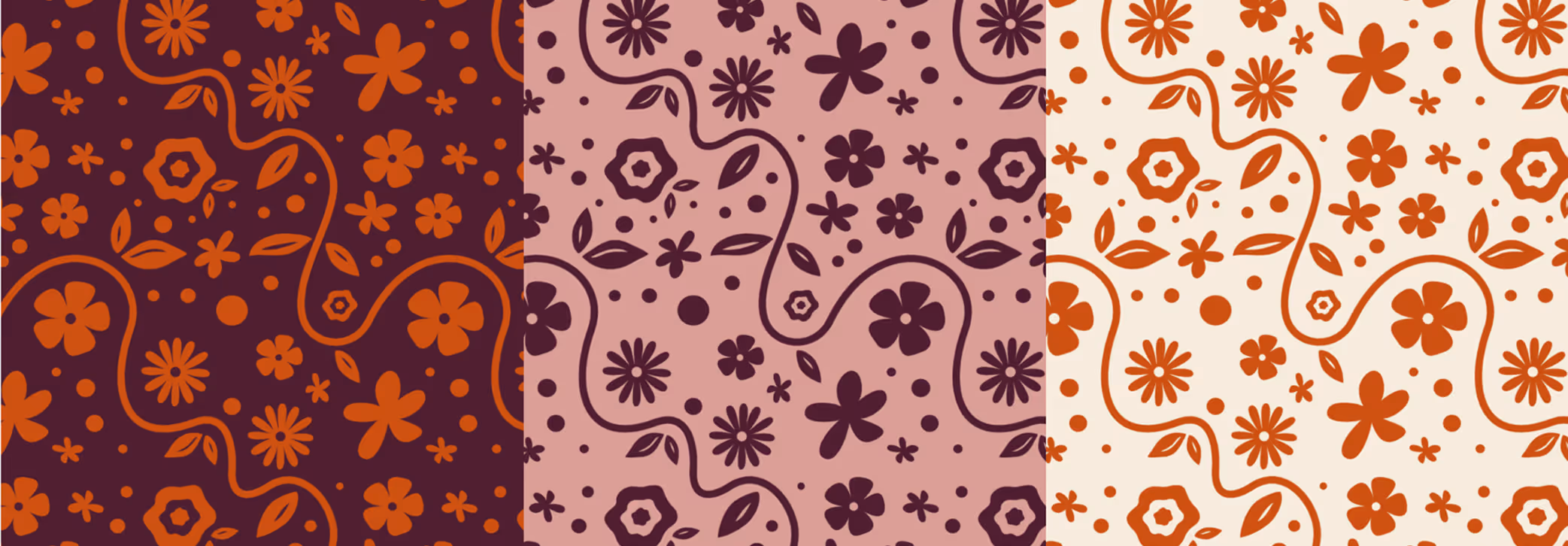 Three vertical panels of floral patterns with wavy stems, dots, leaves, and various flowers in orange and purple hues on dark purple, light mauve, and cream backgrounds.