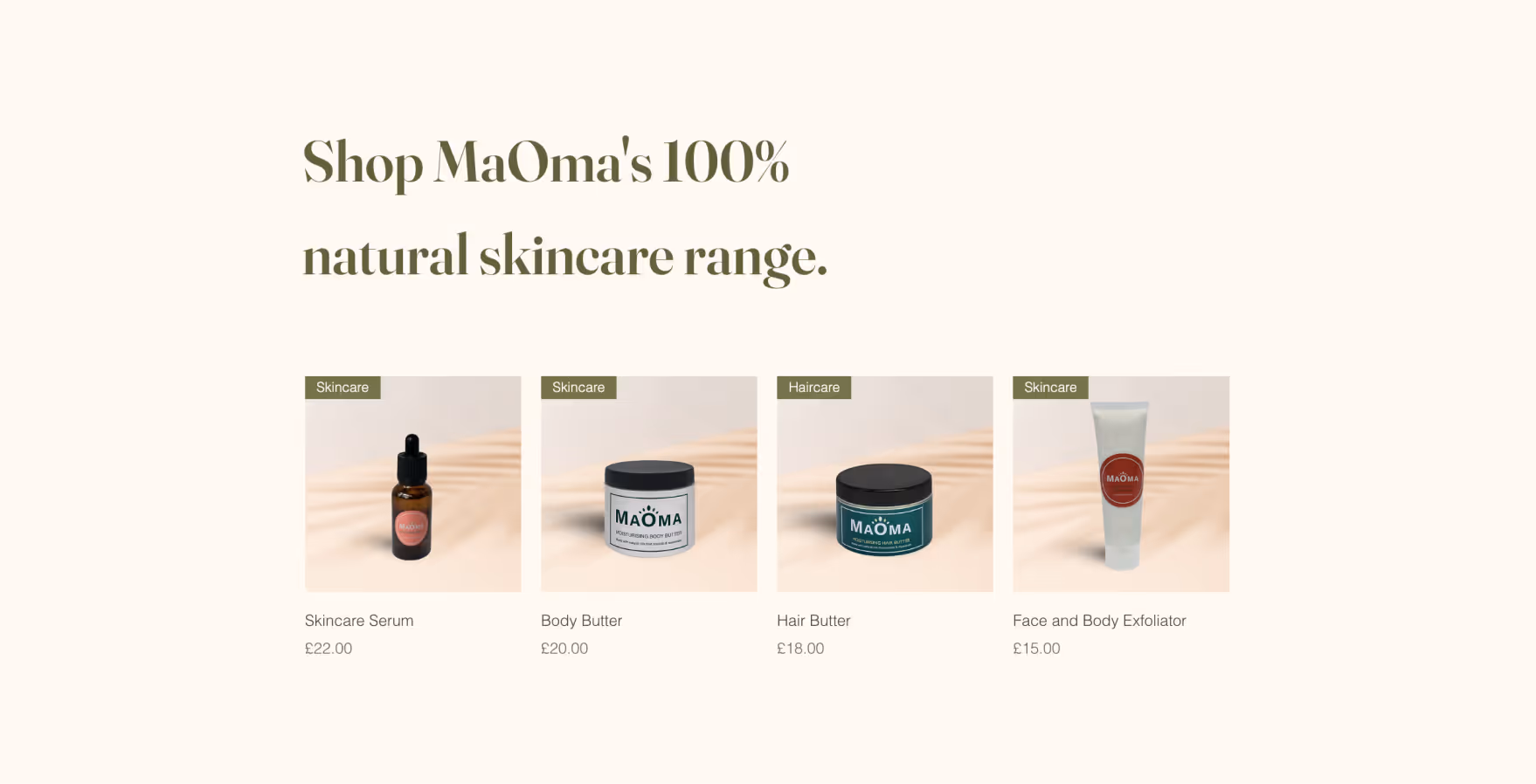 MaOma natural skincare range including Skincare Serum £22, Body Butter £20, Hair Butter £18, Face and Body Exfoliator £15.
