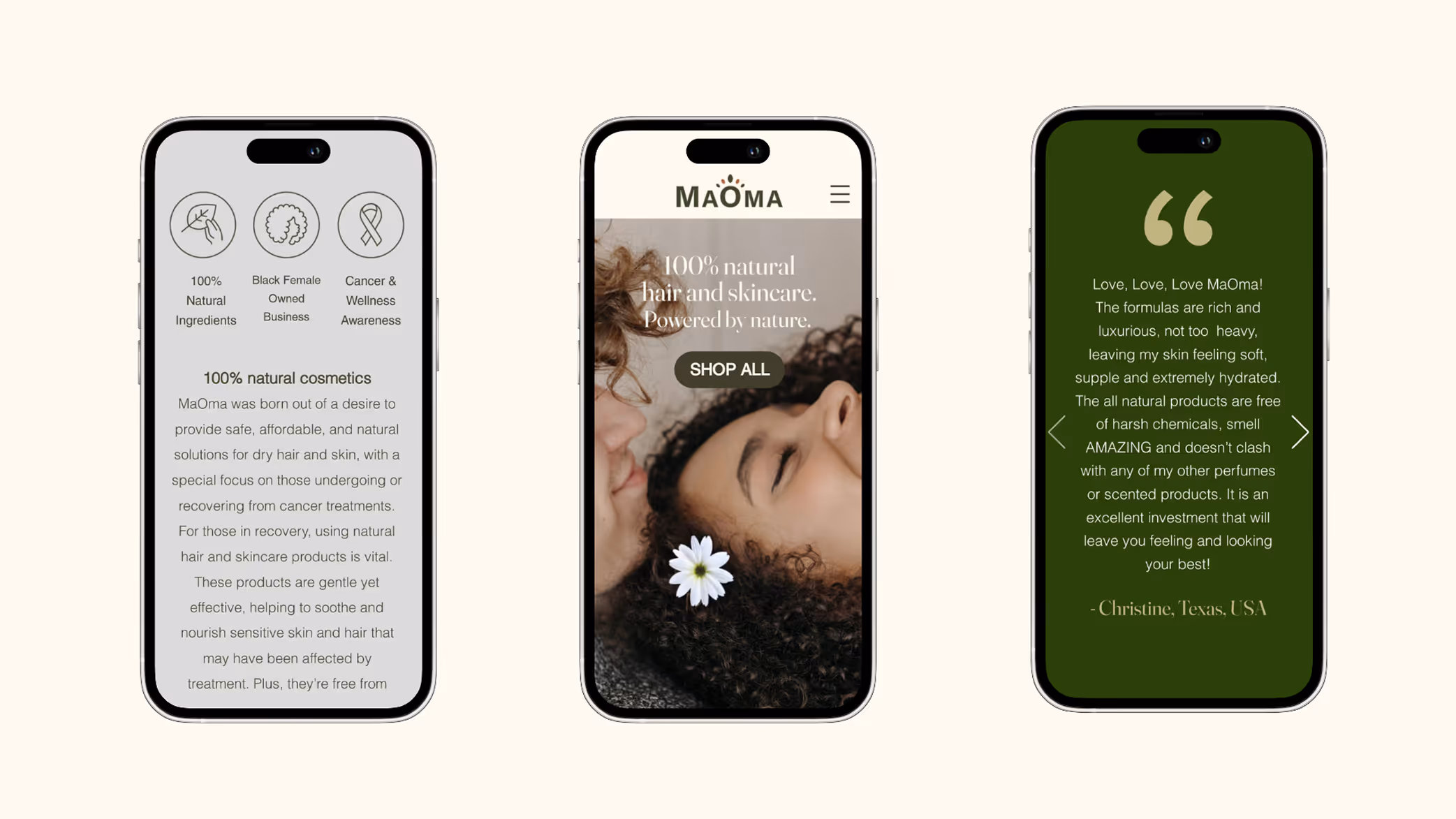 Three smartphones showing MaOma natural cosmetic brand: left screen with product benefits and text, center screen with logo and photo of two smiling people with a flower, right screen with customer testimonial on green background.