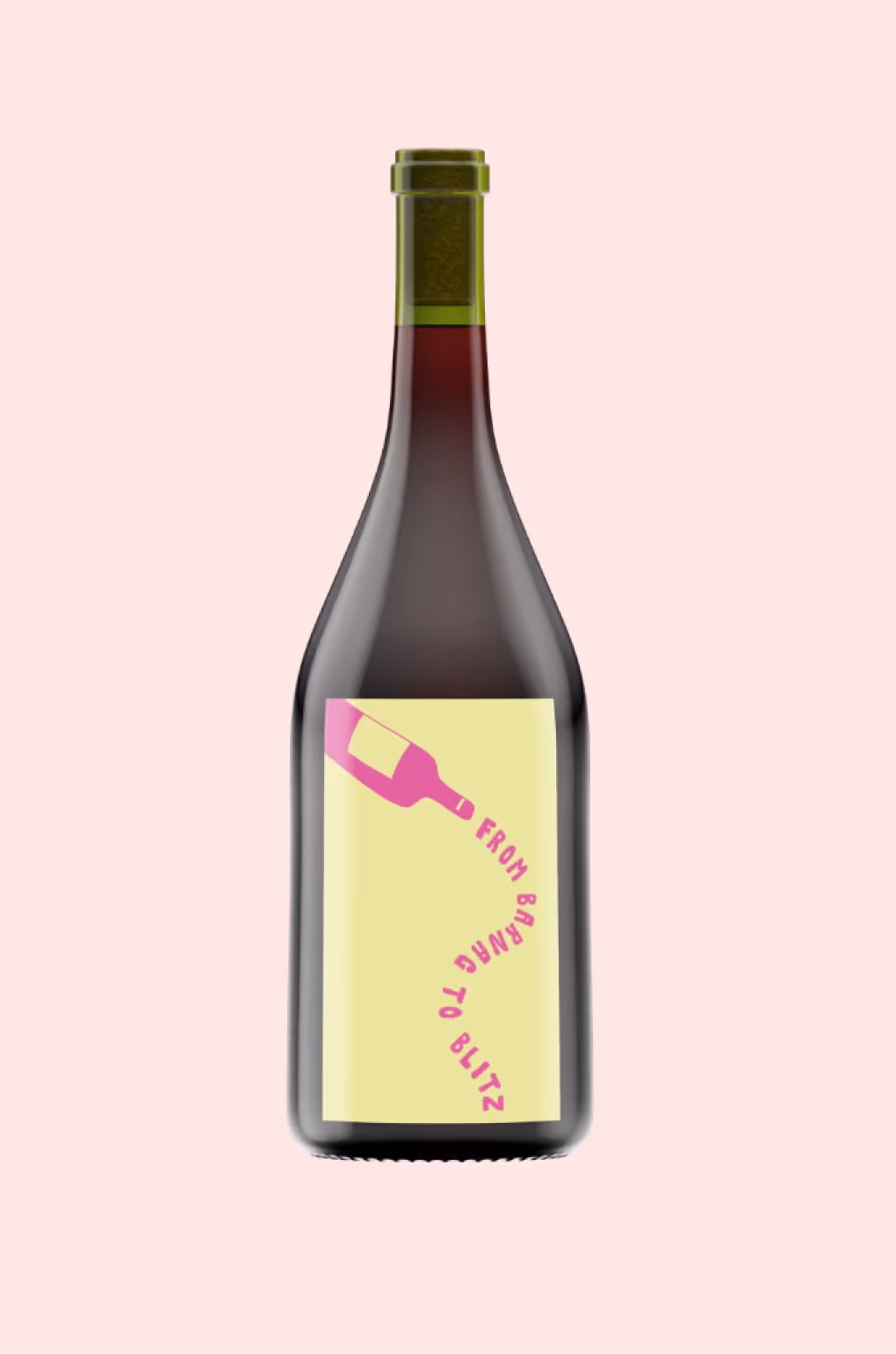 Dark wine bottle with a yellow label featuring a pink wine bottle pouring text 'FROM BARRING TO BLITZ' on a light pink background.