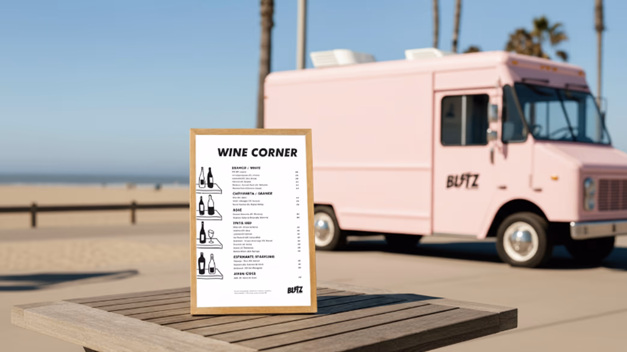 Wooden table with a framed menu labeled WINE CORNER and a pink food truck with the word BLITZ parked near a beach.