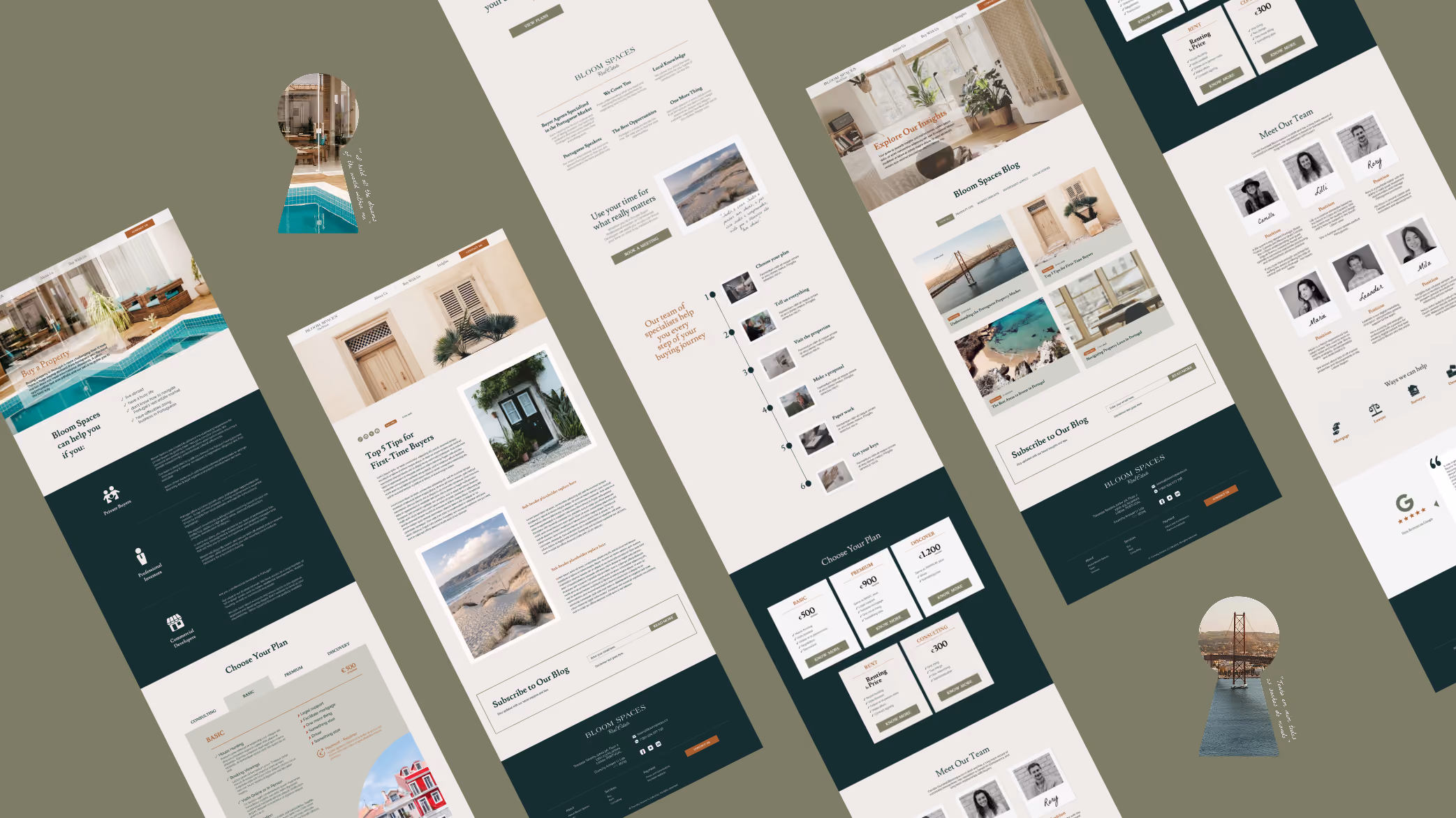 Collage of website pages featuring real estate content, including property buying tips, pricing plans, blog excerpts, team introductions, and customer reviews, arranged on an olive-green background with two keyhole-shaped cutouts showing a pool and a bridge.