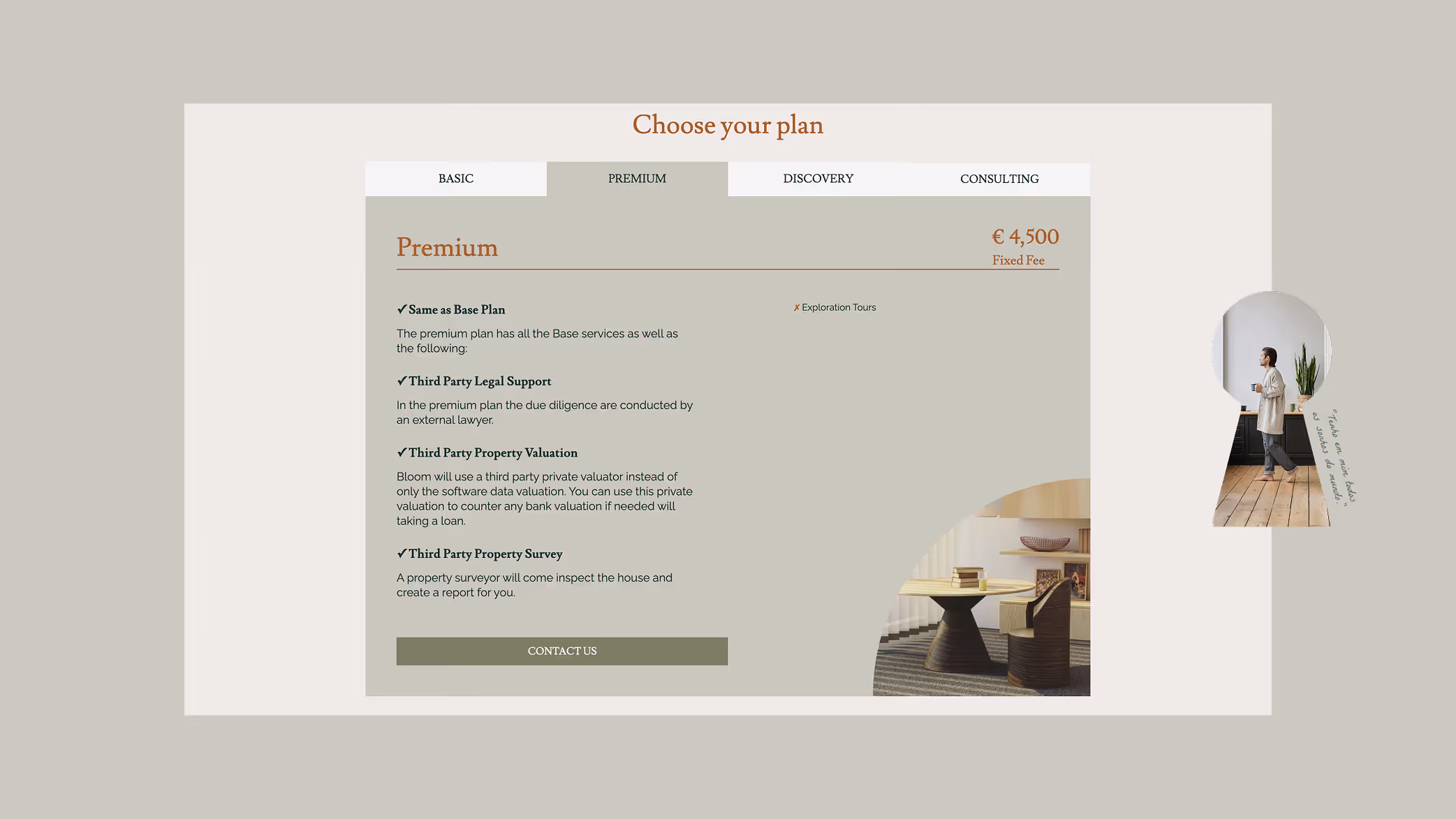 Pricing plan page showing the Premium plan with features including legal support, property valuation, and survey for €4,500 fixed fee.