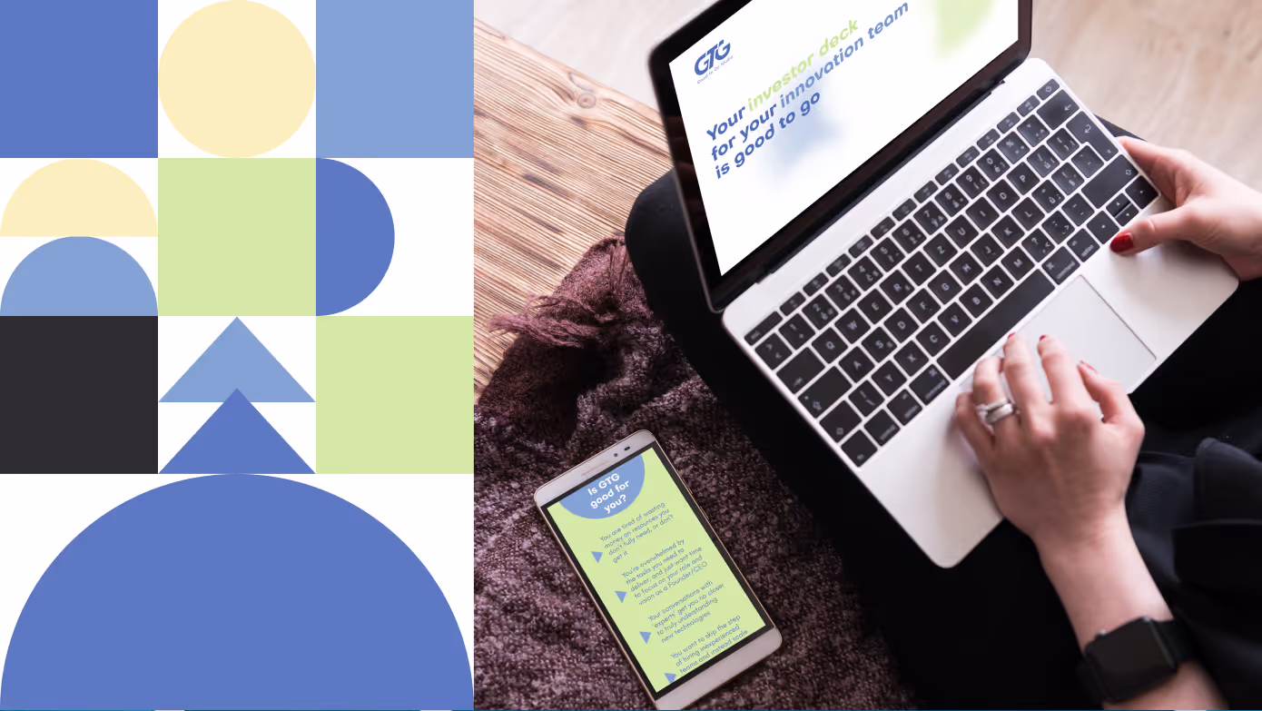 Person typing on a laptop with a screen showing GTG investor deck text, next to a smartphone displaying a questionnaire about GTG on a textured blanket.