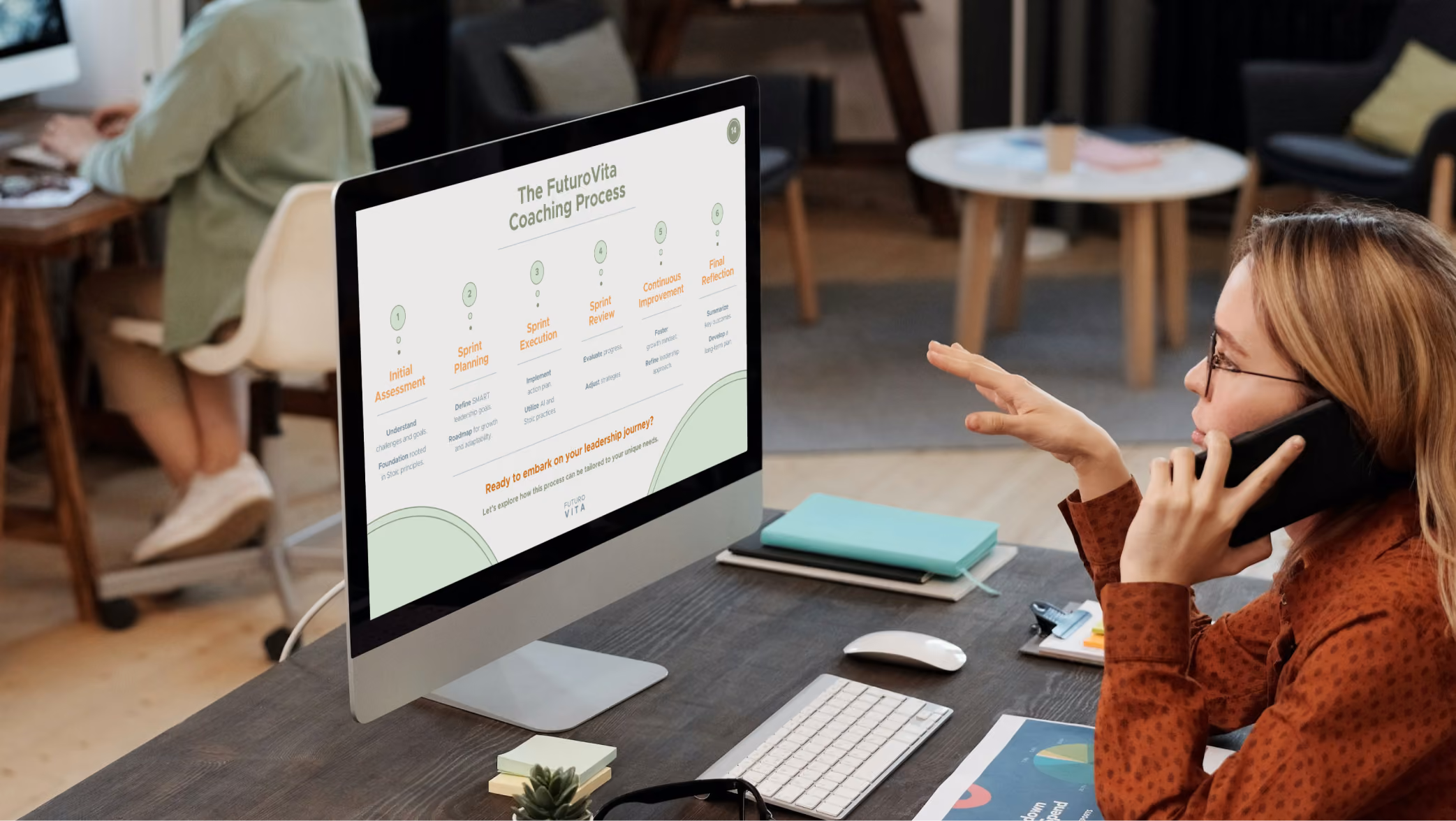 Woman with glasses talking on the phone while pointing at a computer screen displaying The FuturoVita Coaching Process steps.
