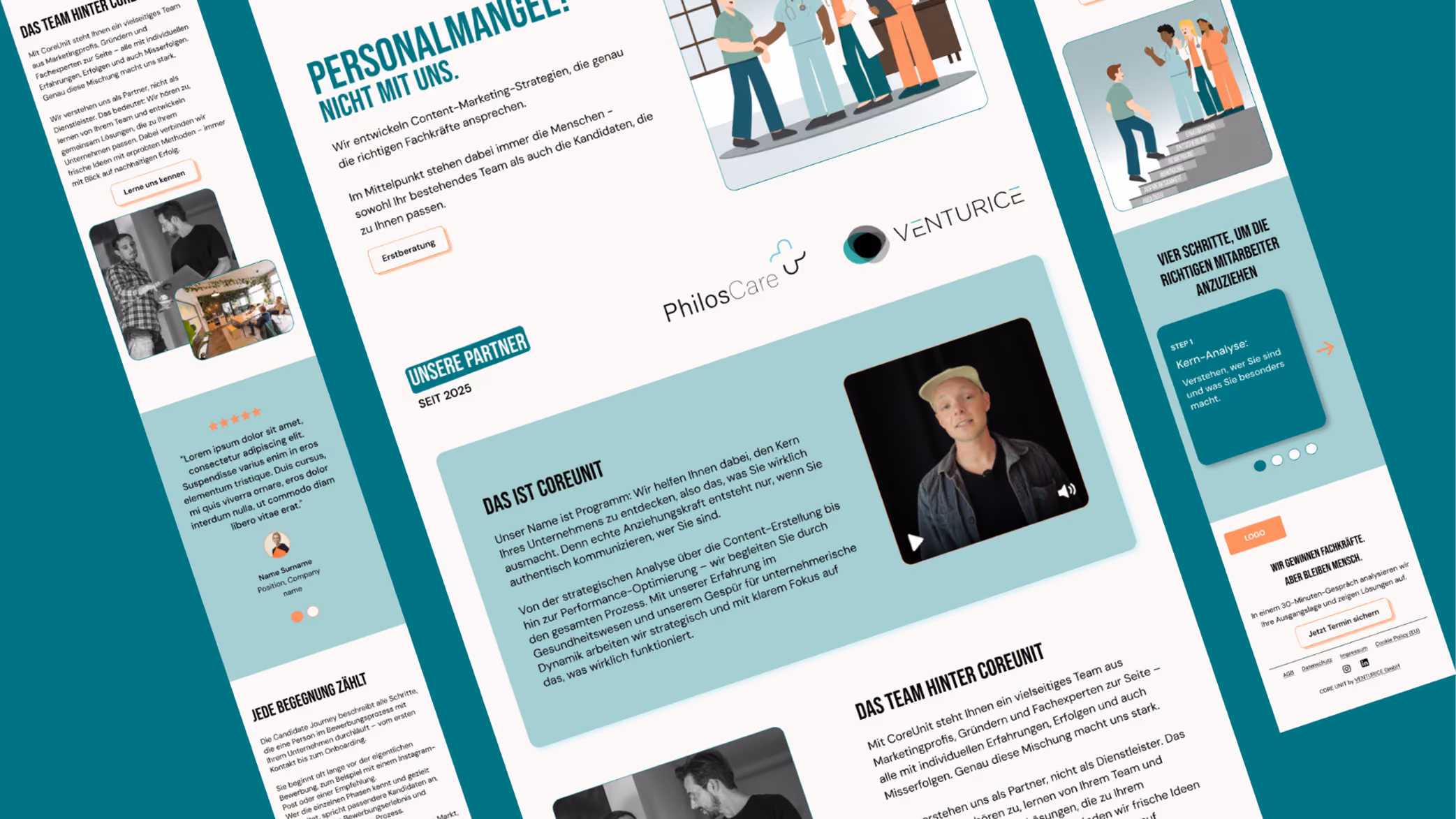 Screenshot of a German webpage about CoreUnit featuring sections on team introduction, content marketing strategies against staff shortages, partner logos, a testimonial, and a video thumbnail with a man in a cap.