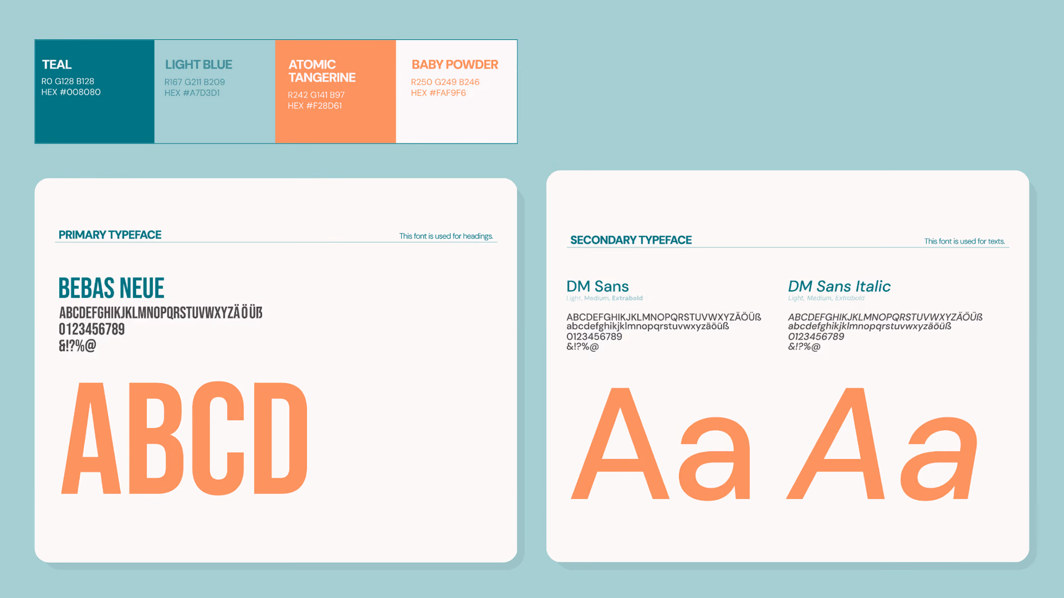 Color palette showing teal, light blue, atomic tangerine, and baby powder colors with RGB and HEX codes; typography samples for primary Bebas Neue font and secondary DM Sans font in regular and italic styles.