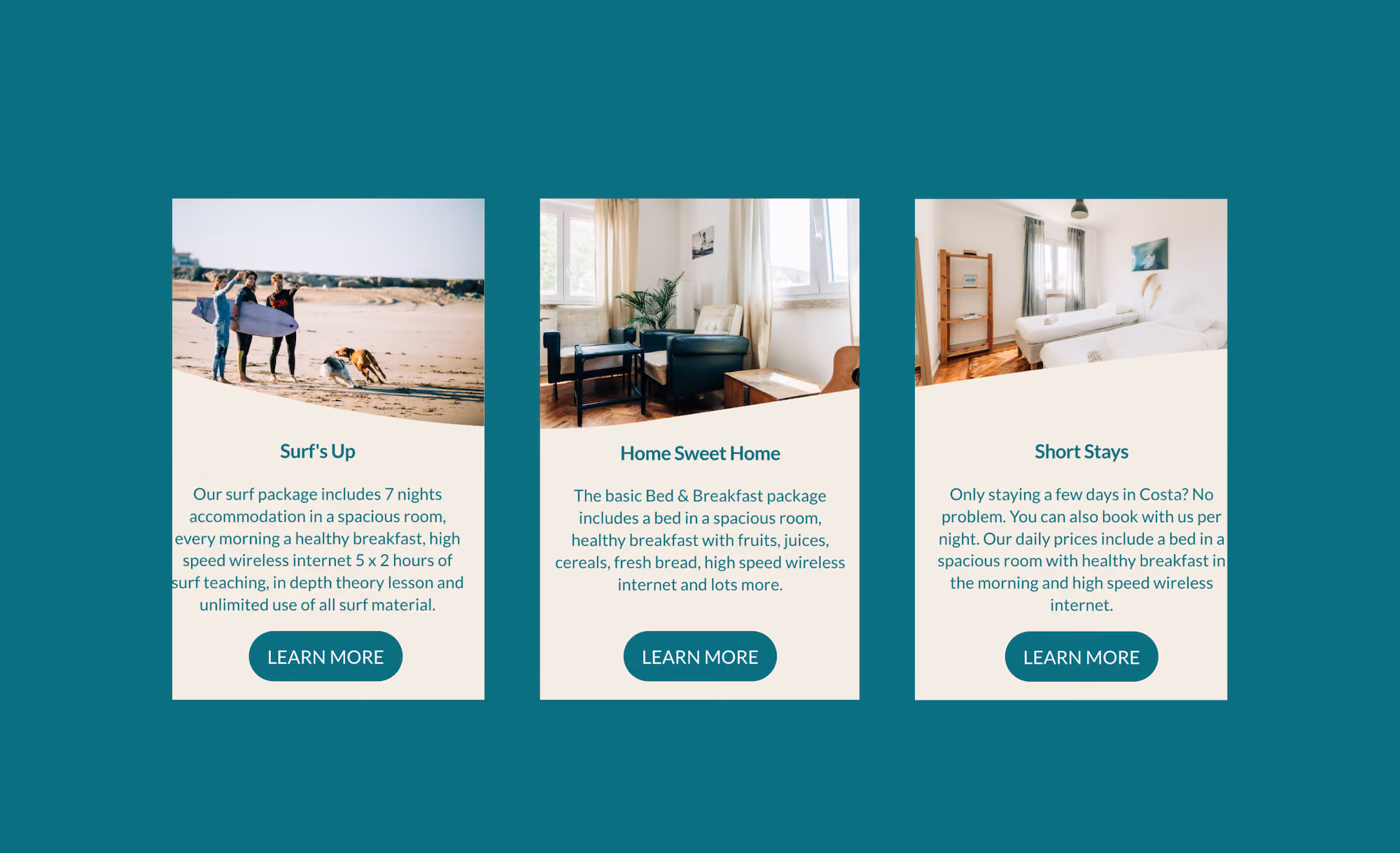 Three informational cards for Surf's Up, Home Sweet Home, and Short Stays packages with images of surfers on a beach, a cozy living room, and a bright bedroom.