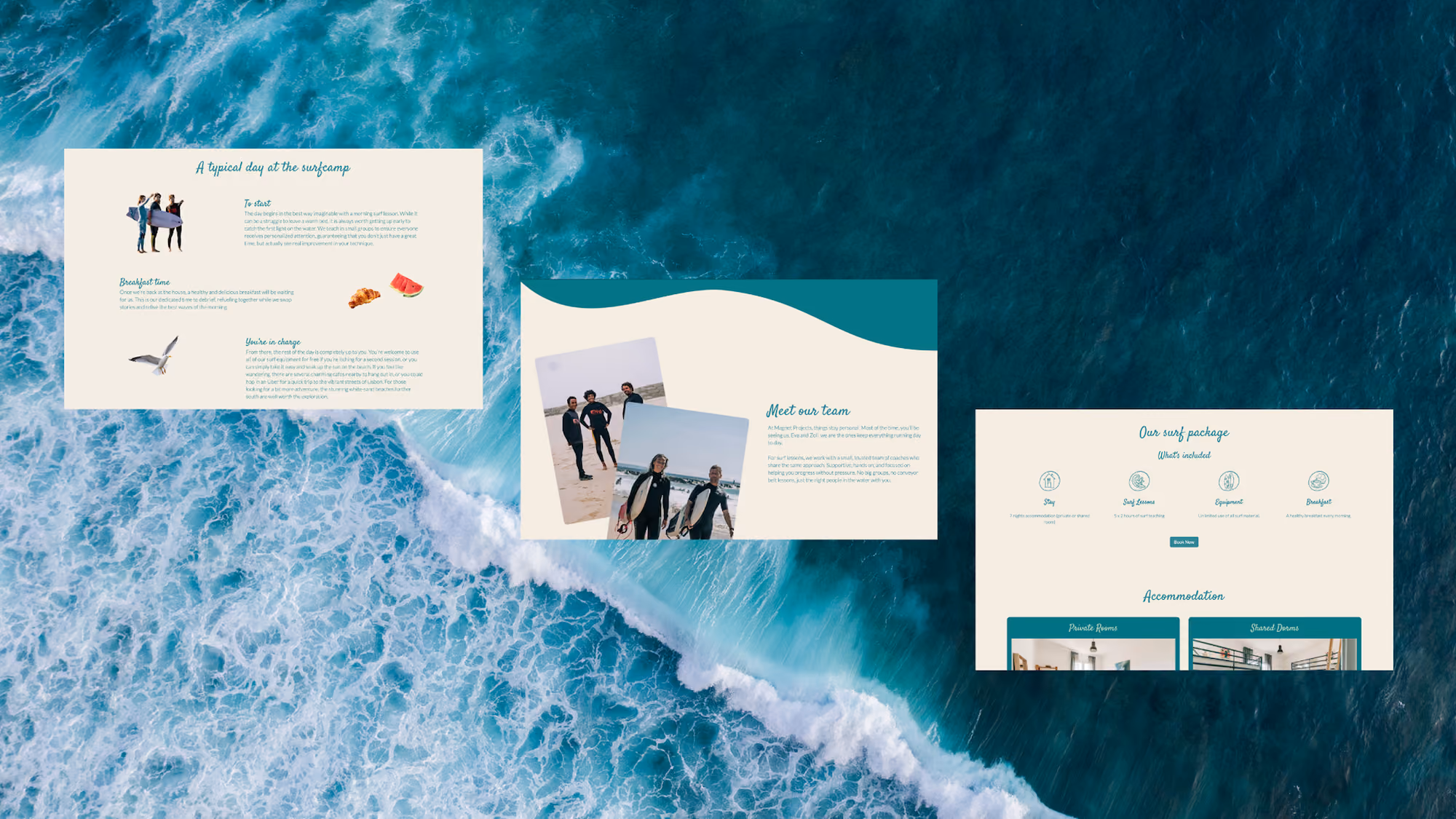 Collage with the text 'The Magnet Experience' in blue script, showing a white feather, a bedroom with a bed and wooden chairs, a surfer on a wave, and two fish at the bottom right.