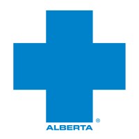 Blue cross symbol with the word Alberta beneath it.