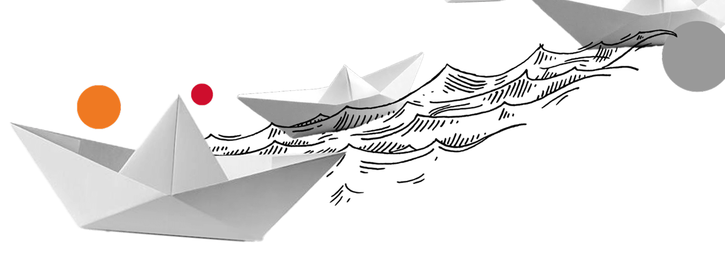 Collage of paper boats with an drawn water element and circles
