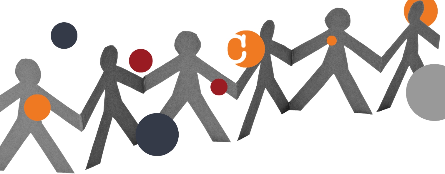 Collage of paper-cut figures holding hands and circles