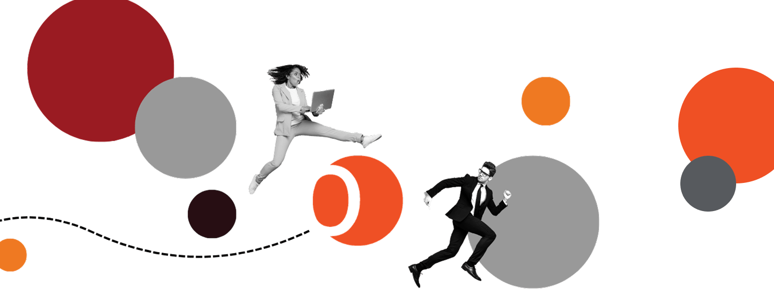Collage of circles, one person jumping and kicking, while another person runs