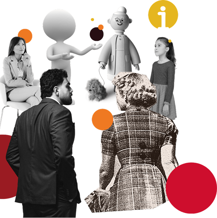 Collage of circles and various people and figures from different eras of clothing