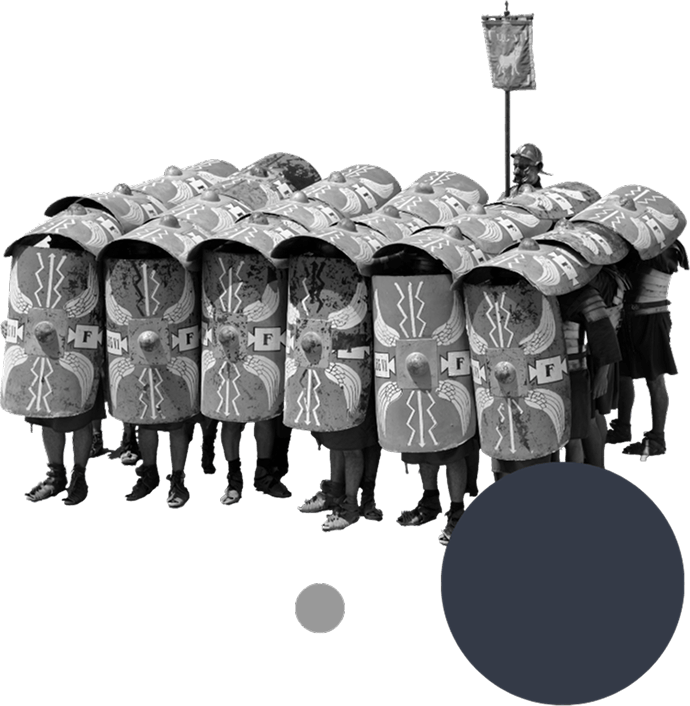 Collage of warriors holding up shields in formation
