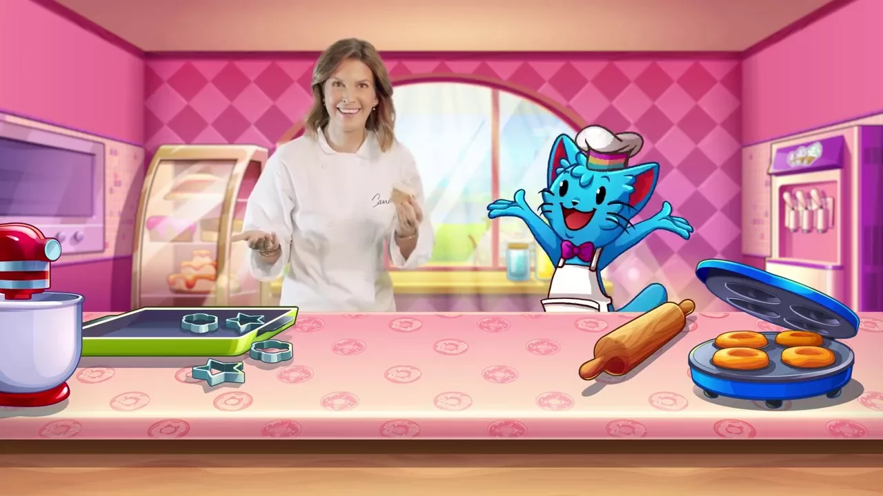 Screenshot from a video game, featuring a human baker and a cartoon character